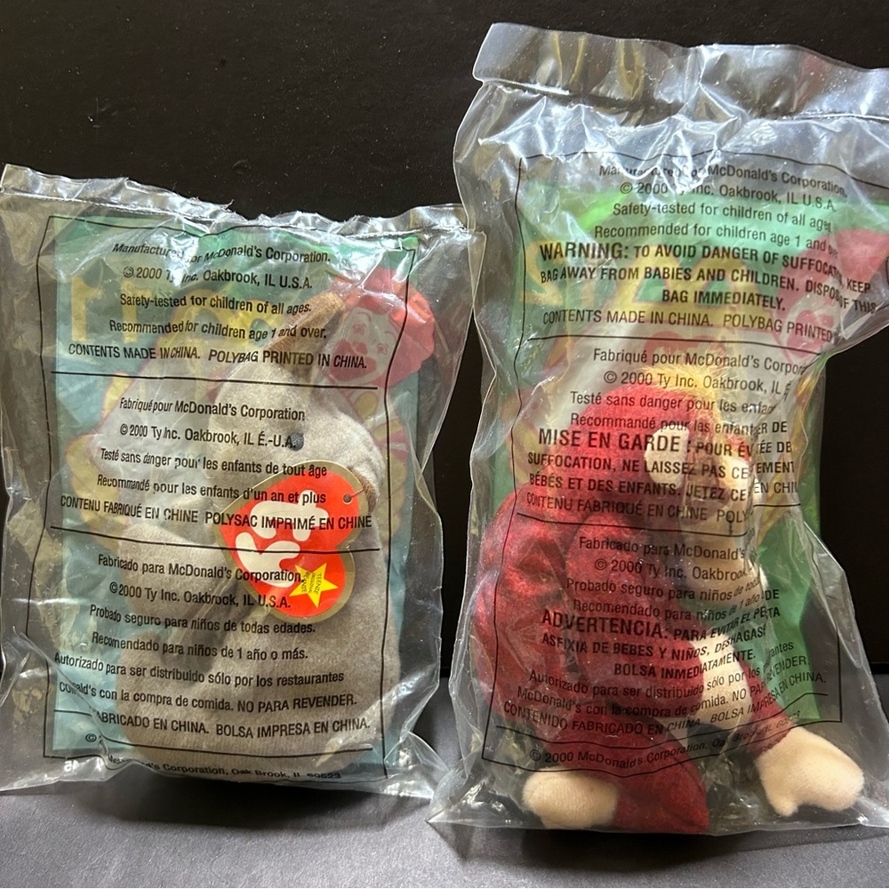 Lot of 2 2000 McDonalds Happy Meal TY TEENIE Beanie Baby Toy (rhino & orangutan)
